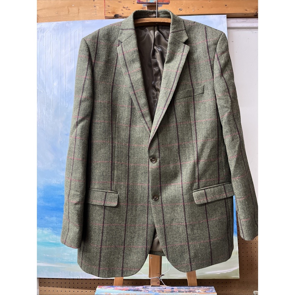 Samuel Windsor Blazer Jacket Mens Size 46 Long Green Windowpane Wool Business